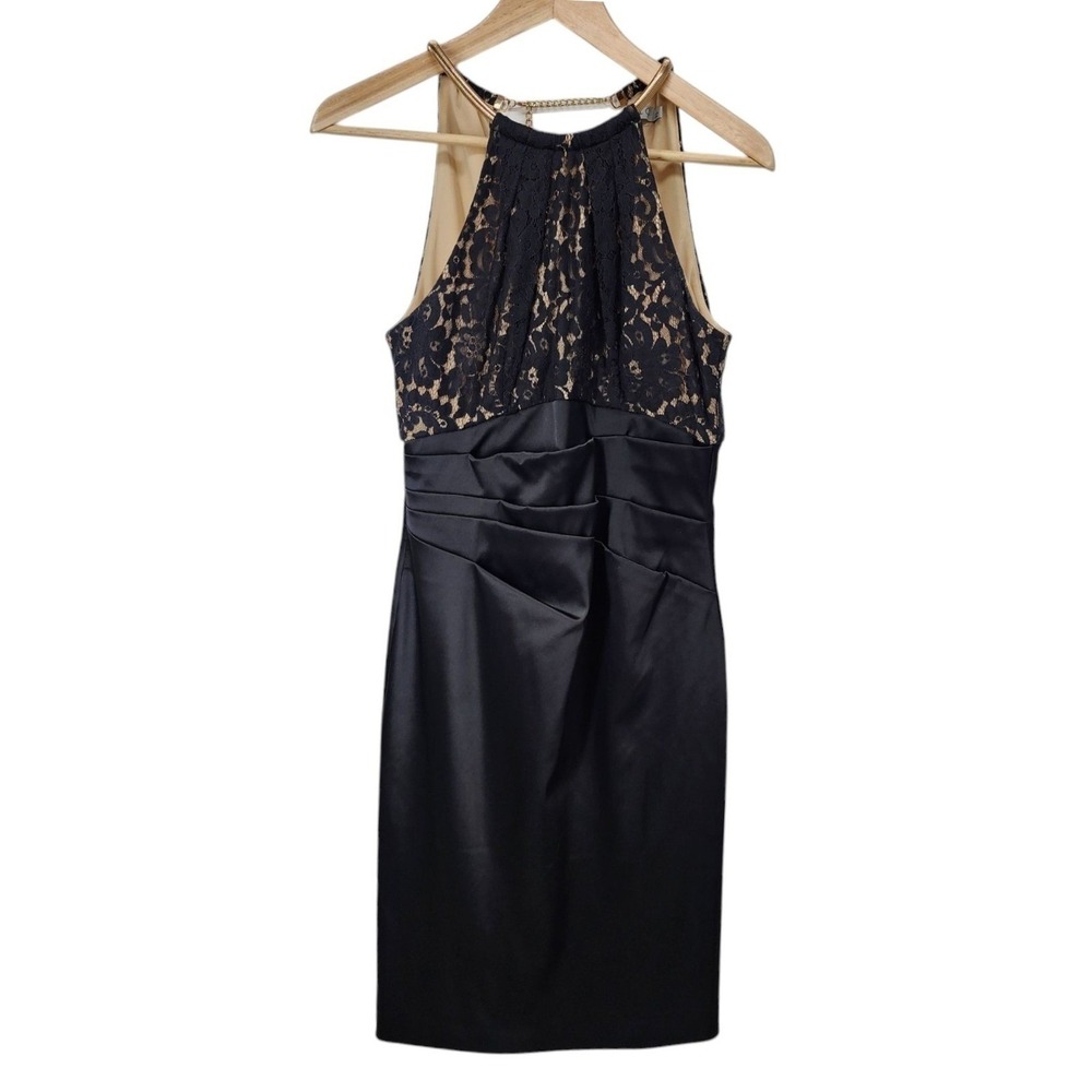 Eliza J Cocktail‎ Dress Women 4 Black Lace Halter Chain Neck Ruched Sheath Glam